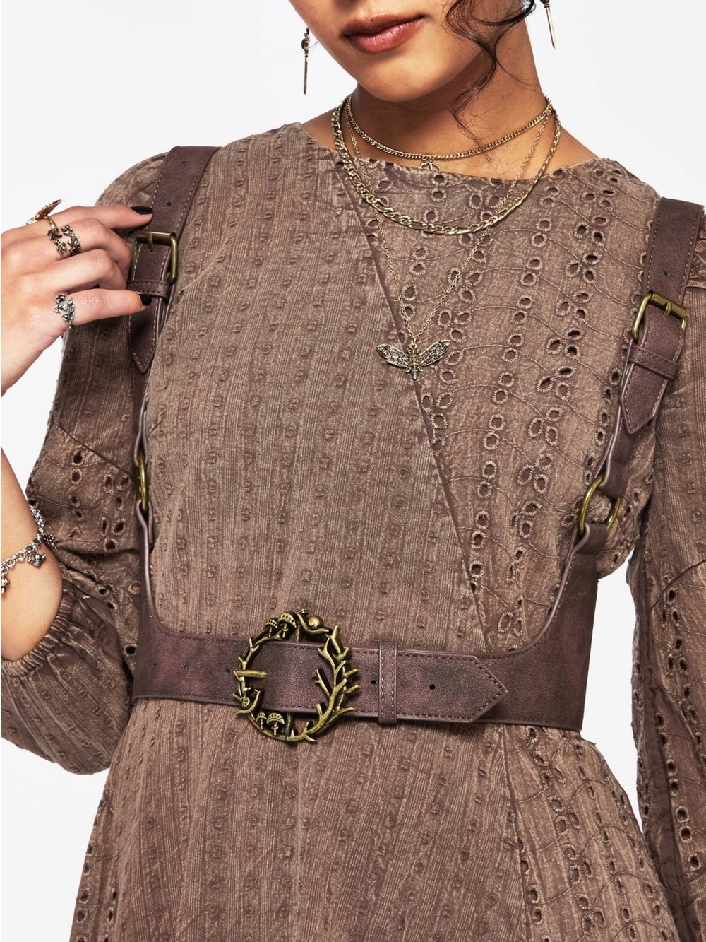 NWOT Eira Mushroom Buckle Harness Belt with Decorative Antique-Gold Mushrooms